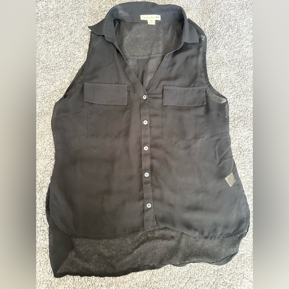 Double Zero Black Sheer Sleeveless Blouse with Button Front. Size Medium